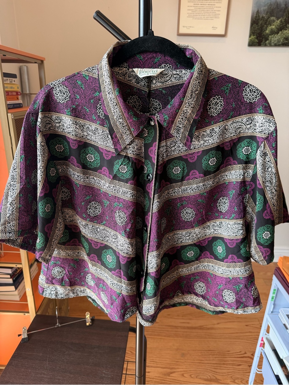 Vintage Boho Button-Up Crop Shirt in Purple & Green